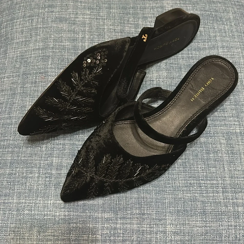 Tory Burch, VELVET DRESS FLAT IN BLACK, US 6, NWOT